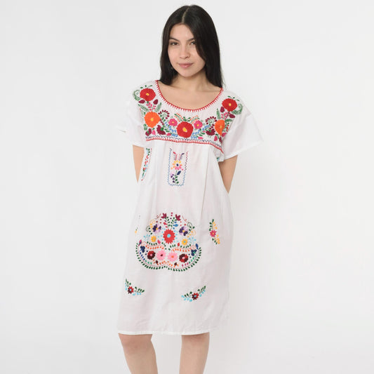 Y2K Mexican Floral Embroidered White Cotton Mini Dress Medium M