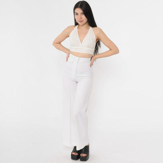 70s College Town White Bell Bottom Pants High Waist Crease Extra Small