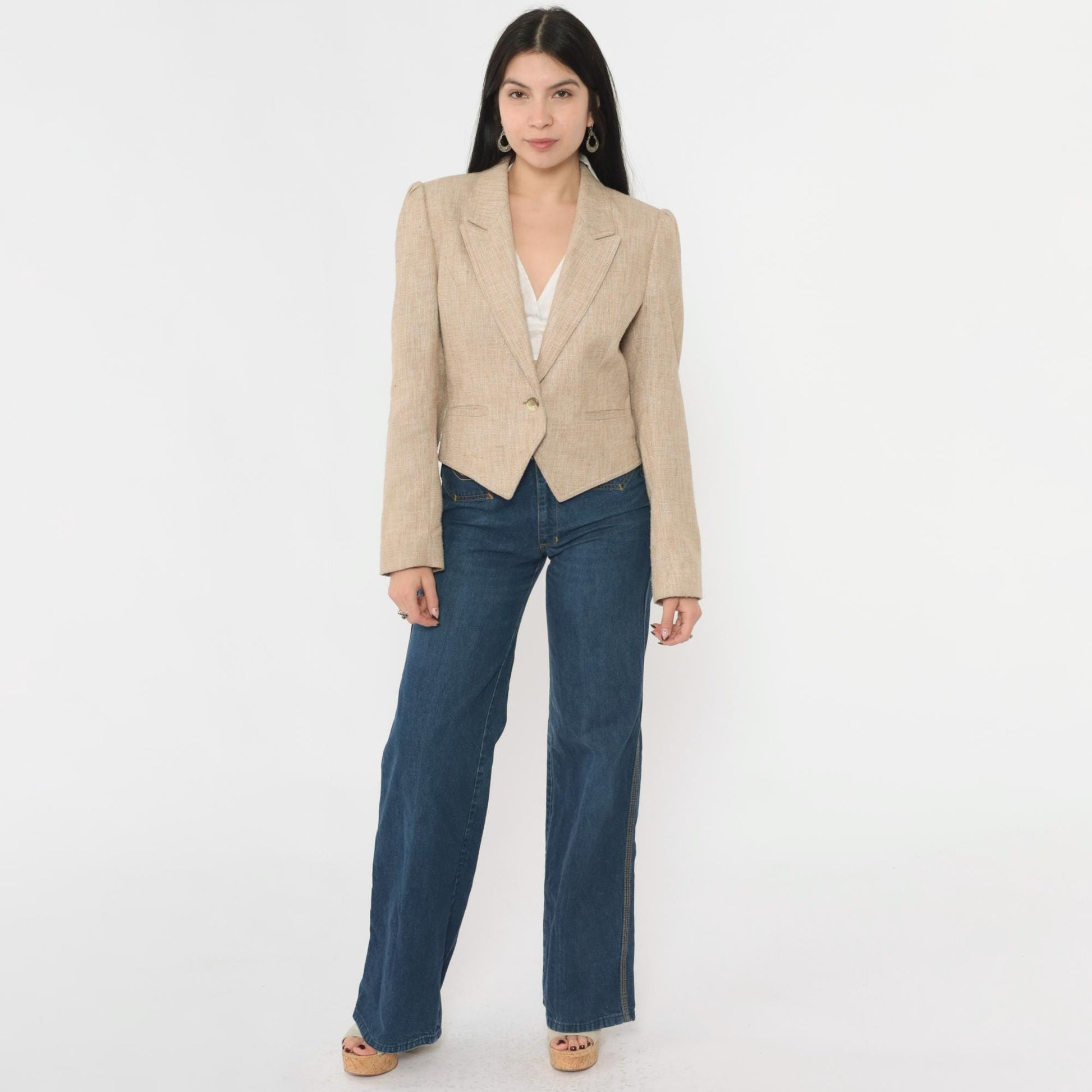 80s Tan Textured Blazer Puff Sleeve Single Button Cropped Tailored Medium