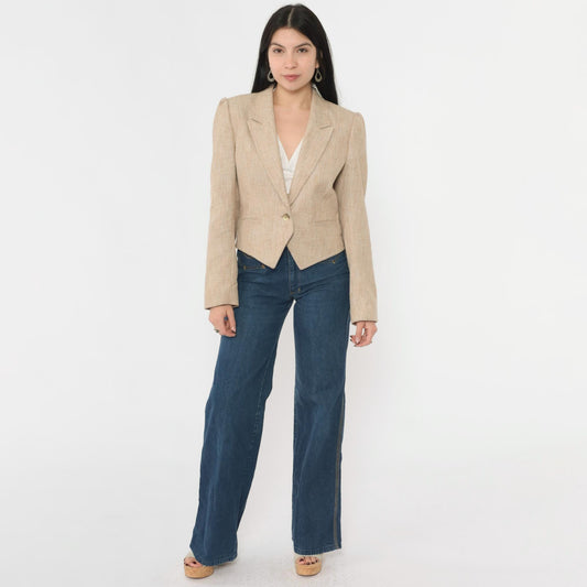 80s Tan Textured Blazer Puff Sleeve Single Button Cropped Tailored Medium