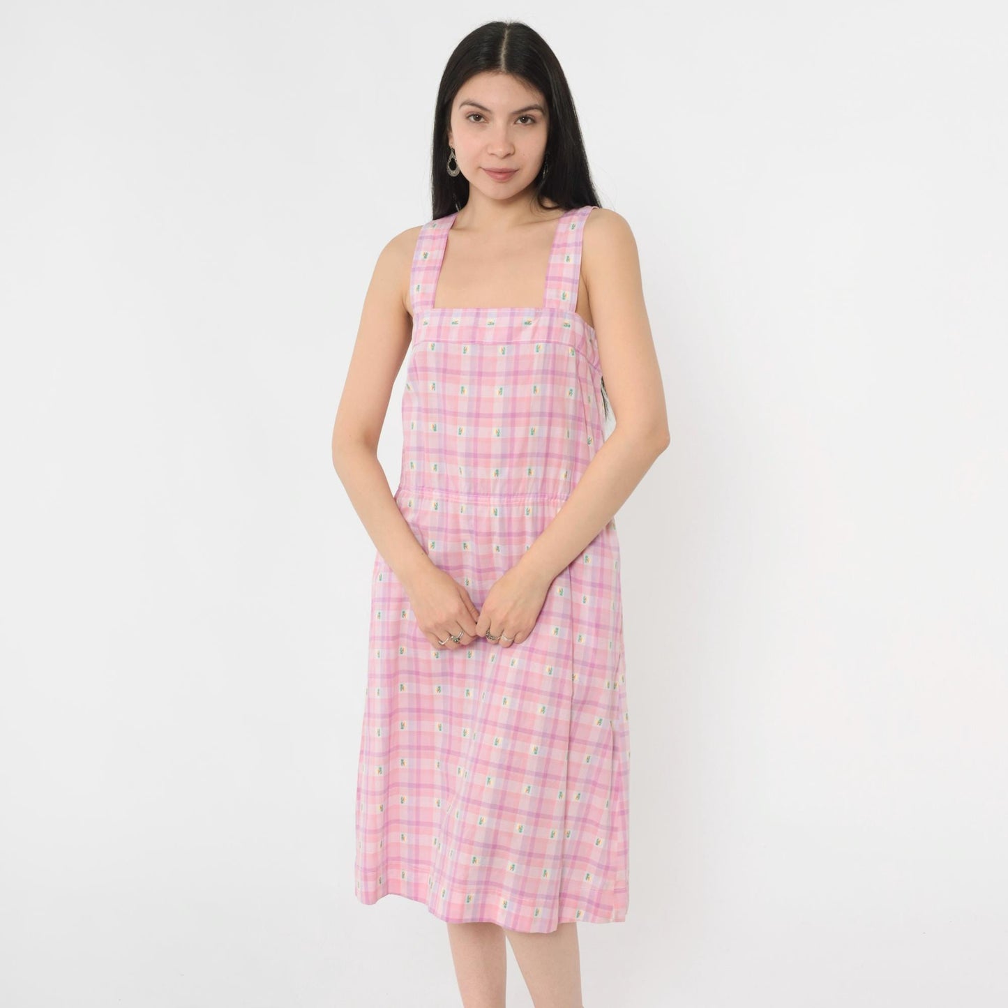 80s Pink Purple Plaid Midi Sundress Embroidered Palm Trees Sleeveless Small