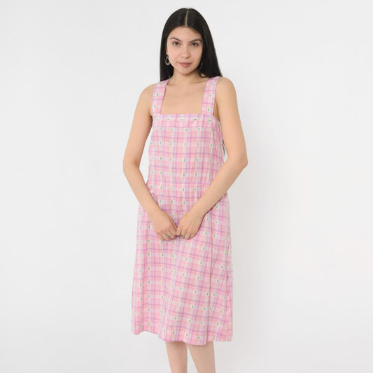80s Pink Purple Plaid Midi Sundress Embroidered Palm Trees Sleeveless Small