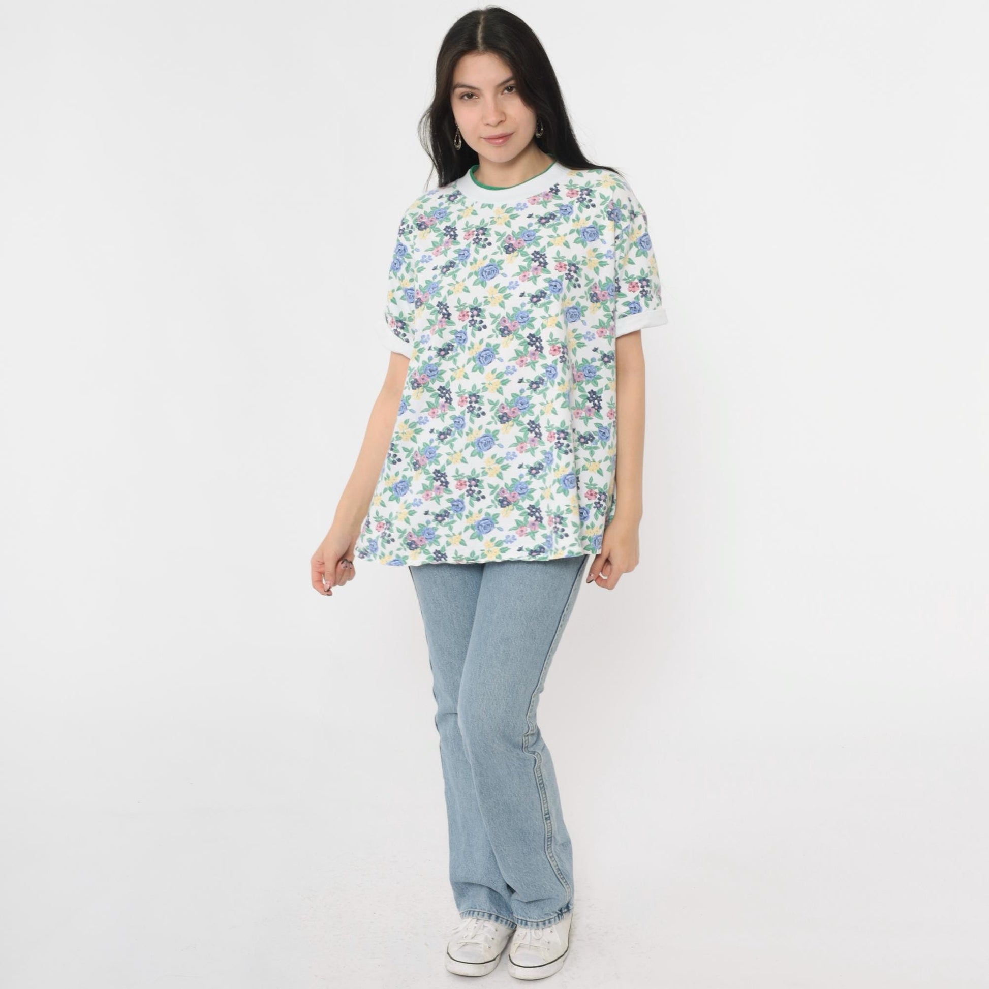 90s Floral Ringer Tee White Green Blue Rose Graphic Cuffed Sleeve Extra Large