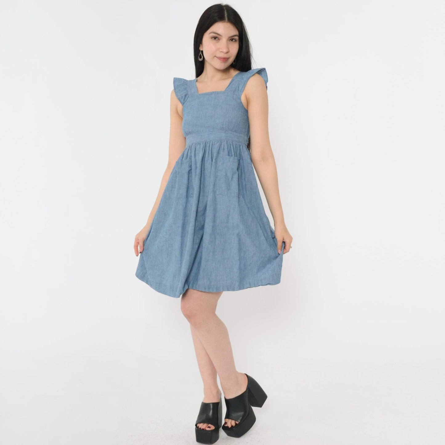 90s Chambray Mini Sundress Blue Square Neck Ruffle Sleeves Button Back 2XS