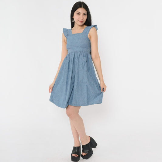 90s Chambray Mini Sundress Blue Square Neck Ruffle Sleeves Button Back 2XS