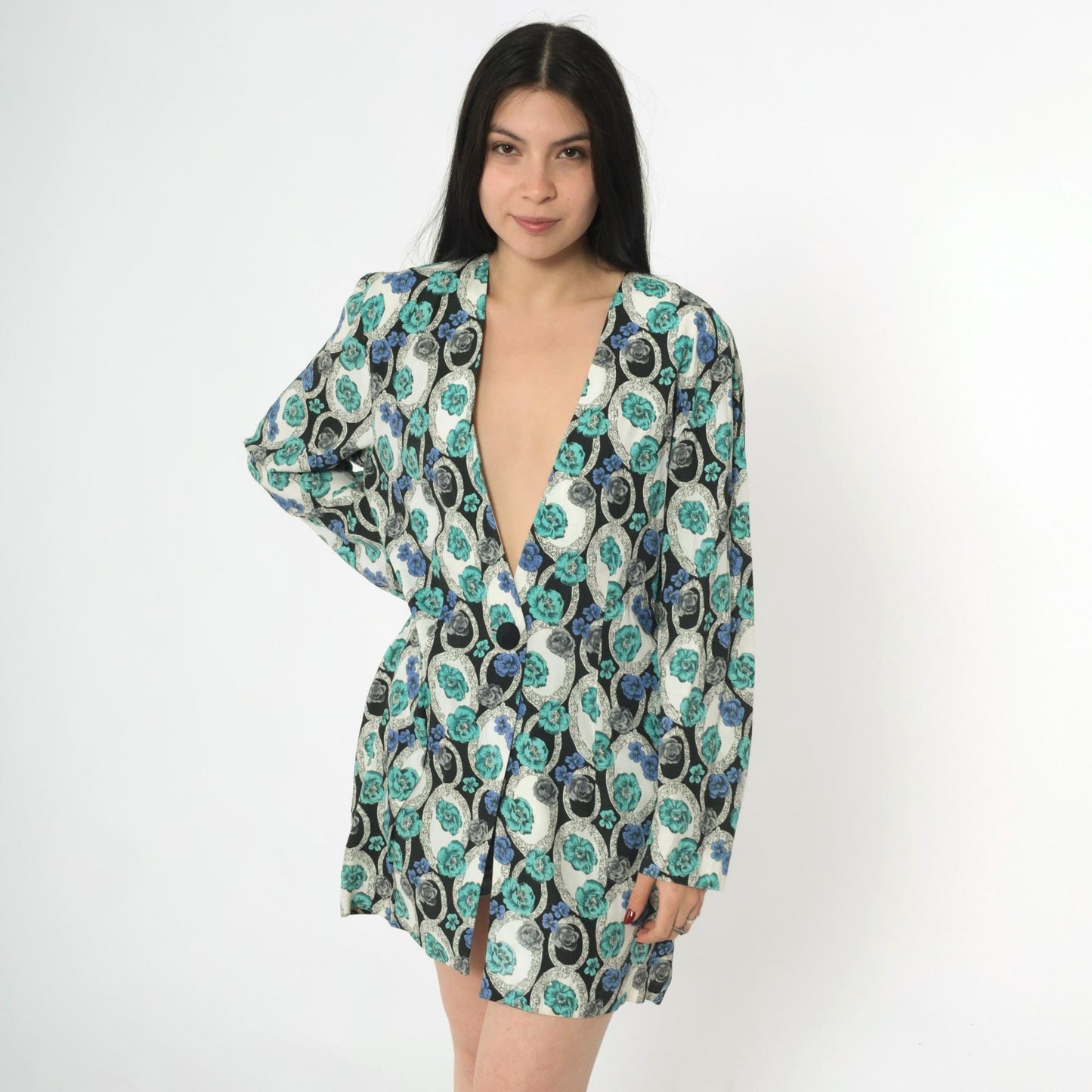 90s Young Edwardian Floral Blazer Deep V Neck Single Button Black White Blue Large