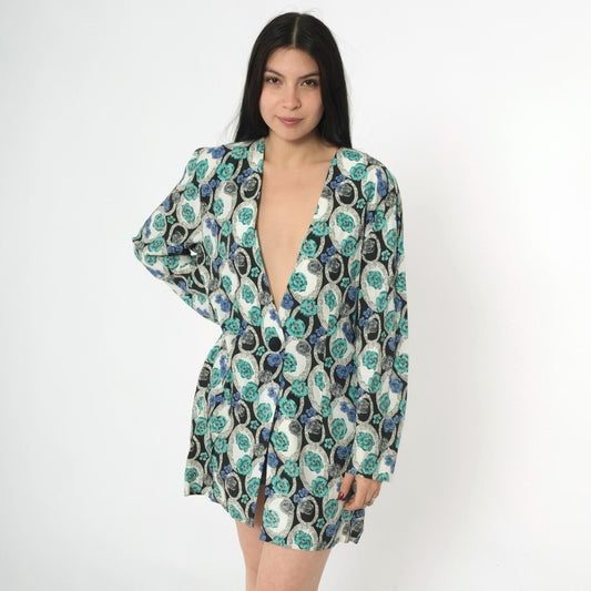 90s Young Edwardian Floral Blazer Deep V Neck Single Button Black White Blue Large