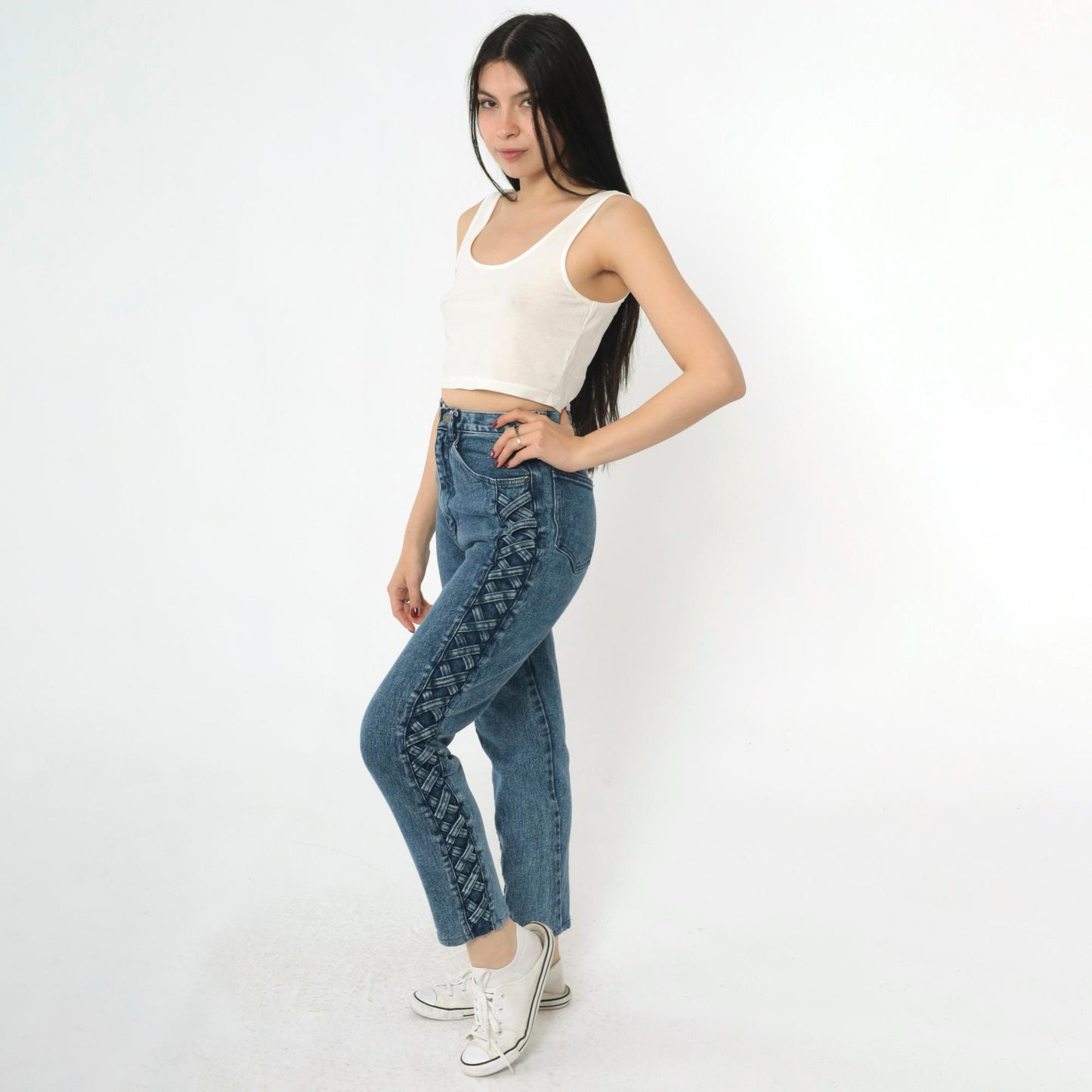 90s Blue Denim High Waist Tapered Jeans Lace Up Side Small S