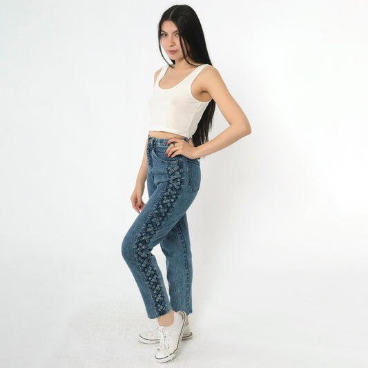 90s Blue Denim High Waist Tapered Jeans Lace Up Side Small S