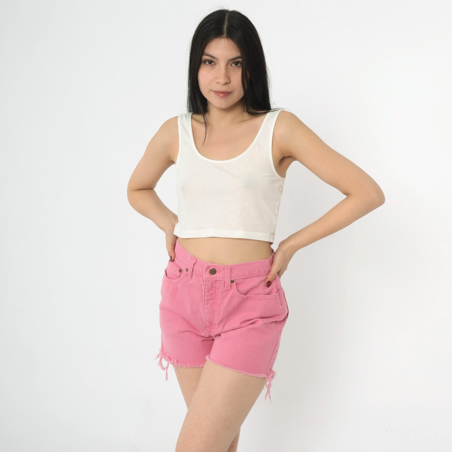 90s Pink Denim Cut-Off Shorts High Rise Frayed Hem Small S