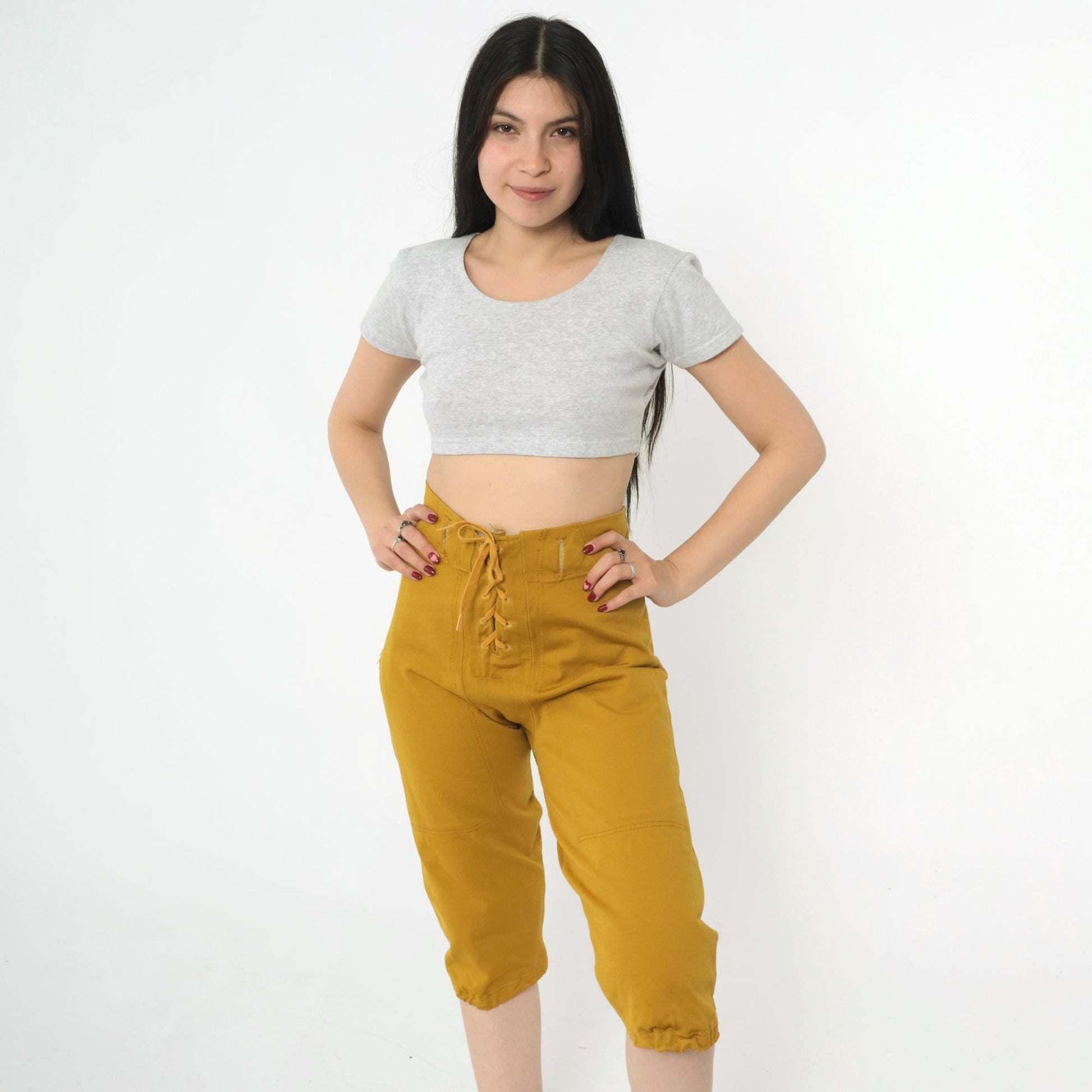 1960s Sand-Knit Football Pants Mustard Gold Lace-Up Cropped Medium