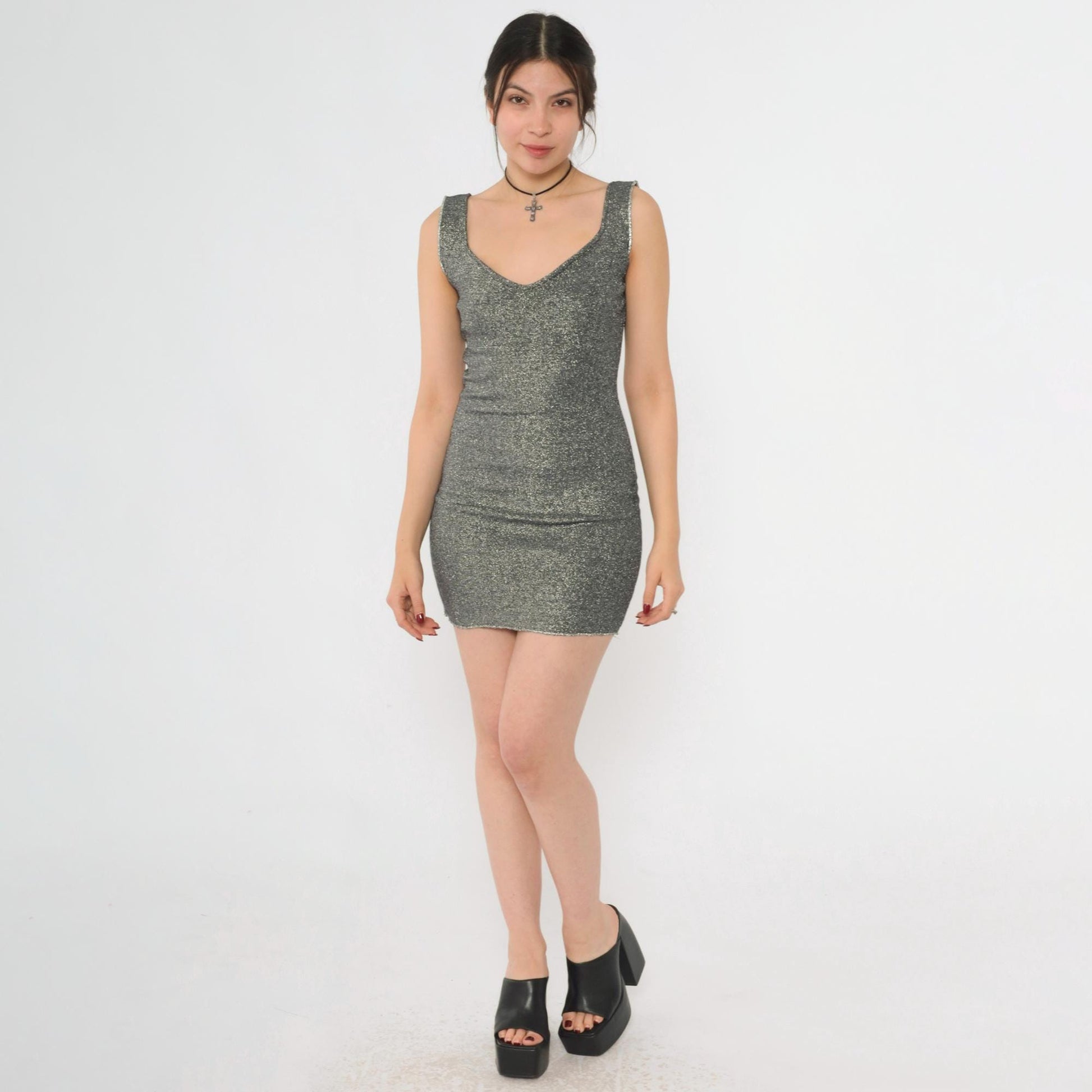 90s Sparkly Silver Black Bodycon Mini Dress Scoop Neck Sleeveless XS