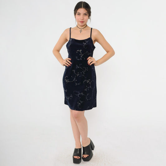 Y2K Navy Velvet Mini Dress Glittery Floral Spaghetti Strap Sheath Large