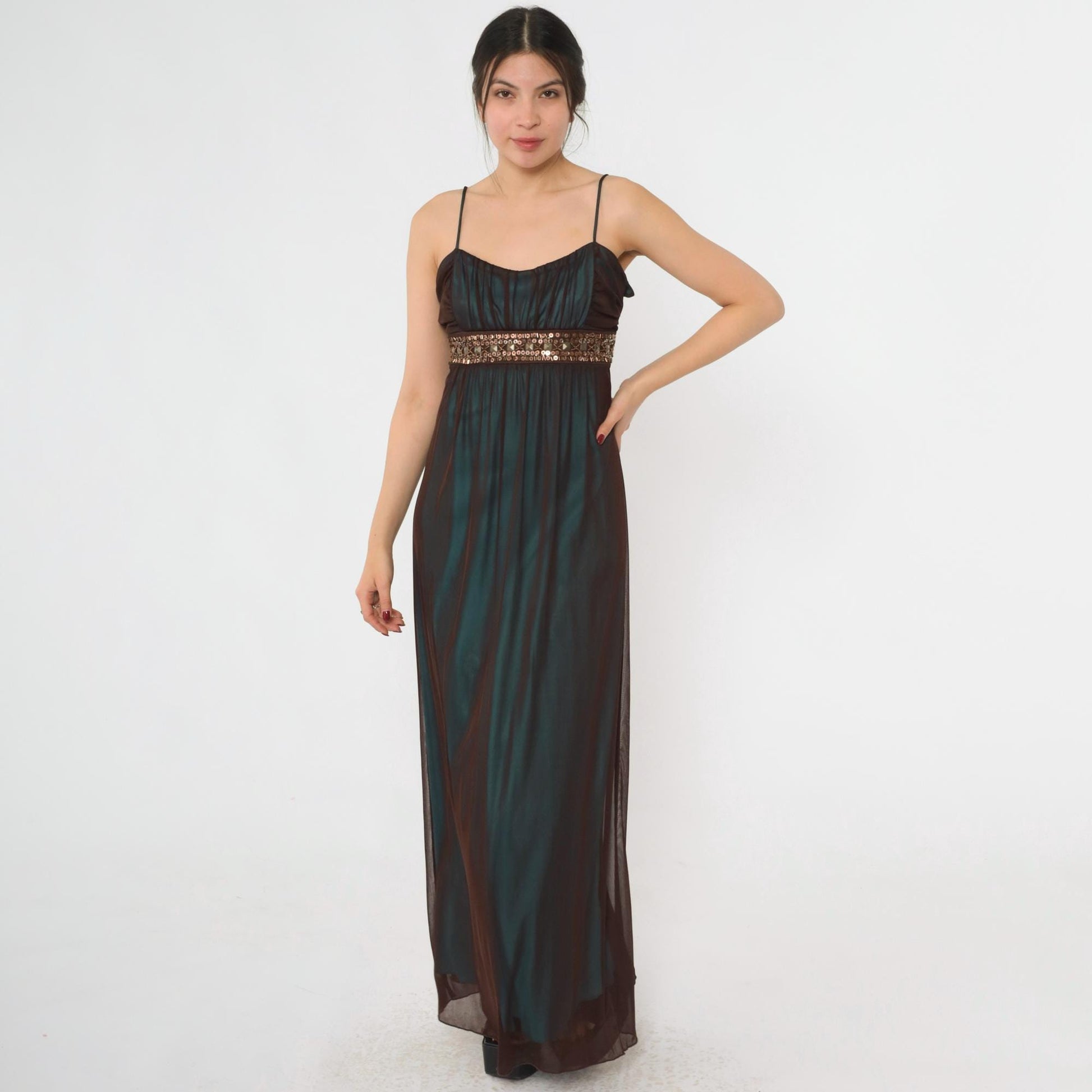 Y2K Teal Sequin Beaded Maxi Party Dress Brown Mesh Overlay Spaghetti Strap Large