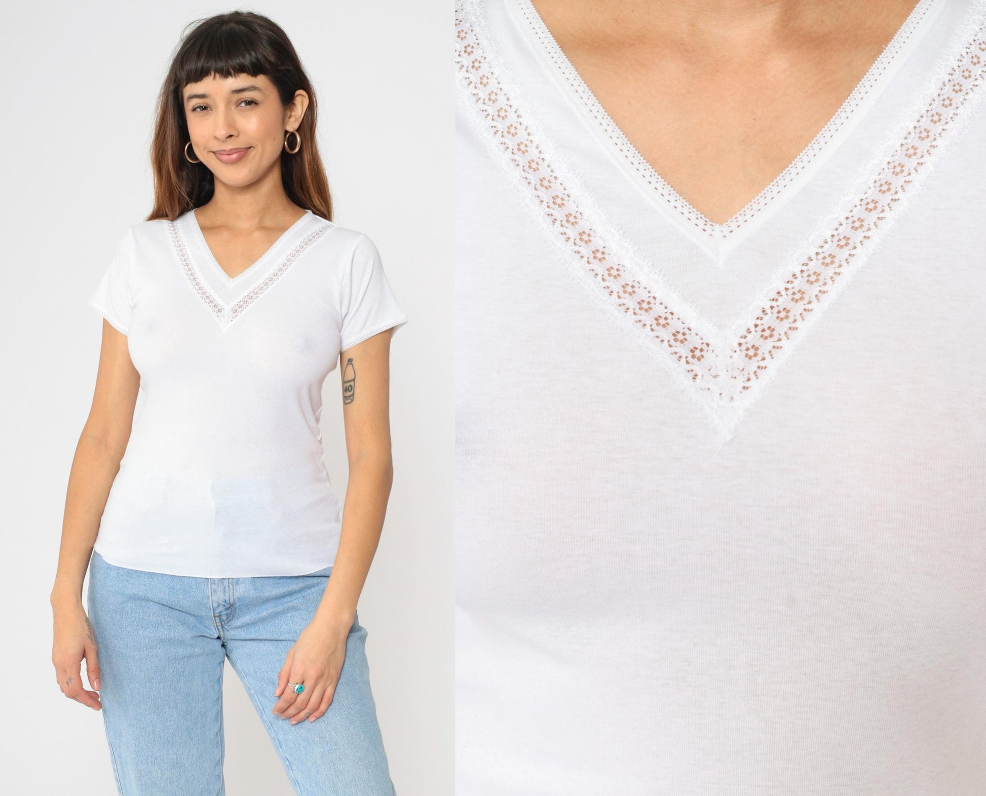 Y2K White Lace Trim V-Neck Baby Tee Fitted Cotton Blend Medium M