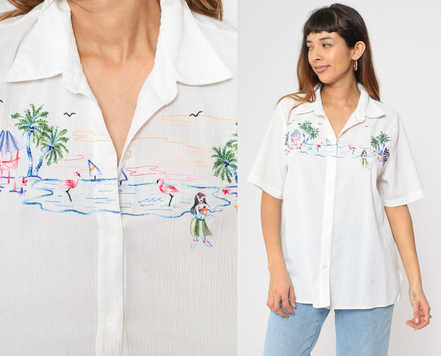 90s Alfred Dunner Hawaiian Shirt White Hula Girl Embroidered XL