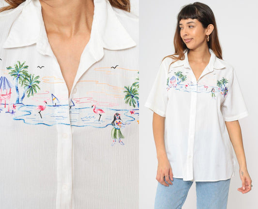 90s Alfred Dunner Hawaiian Shirt White Hula Girl Embroidered XL