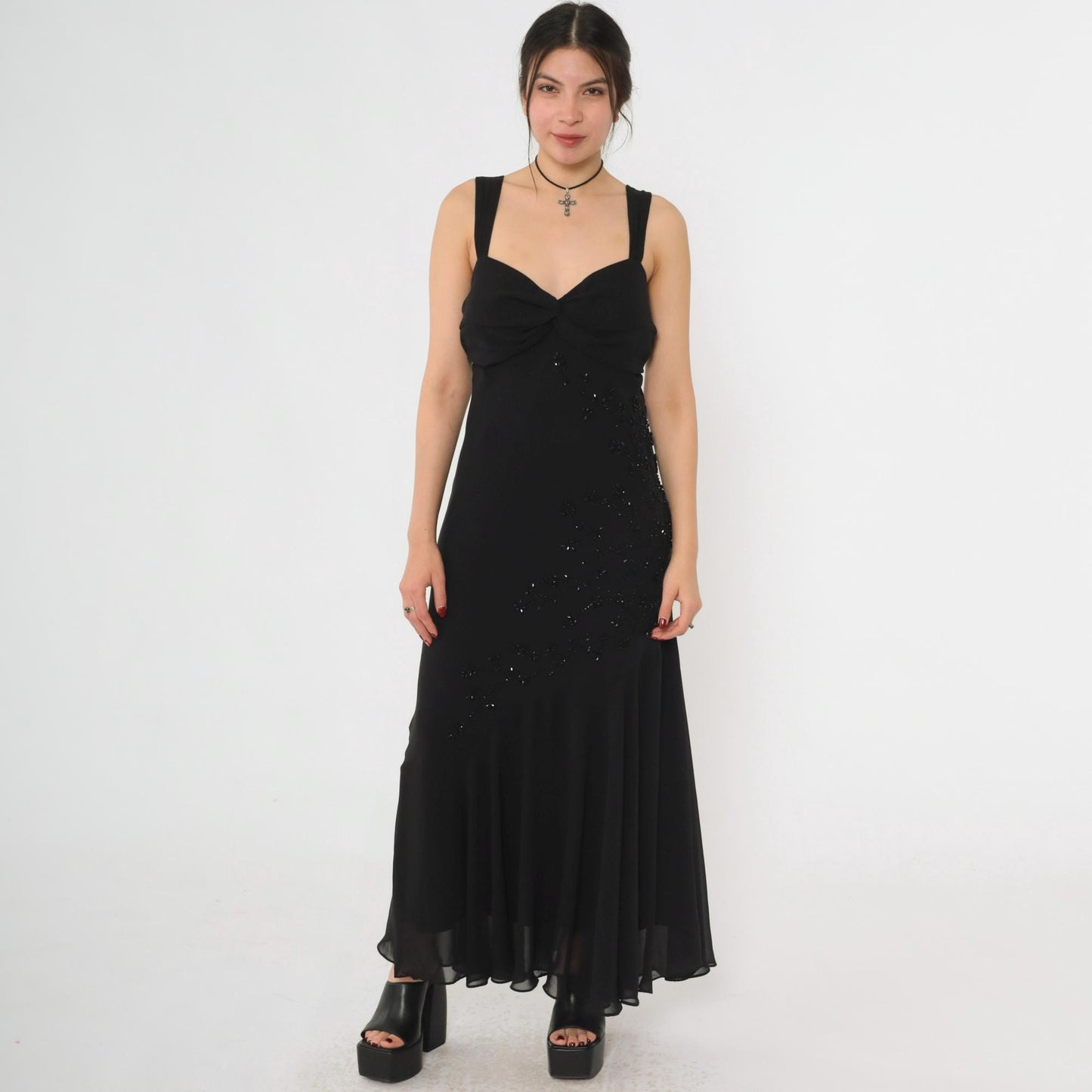 Y2K Black Chiffon Maxi Dress Floral Beading Sweetheart Neckline Large