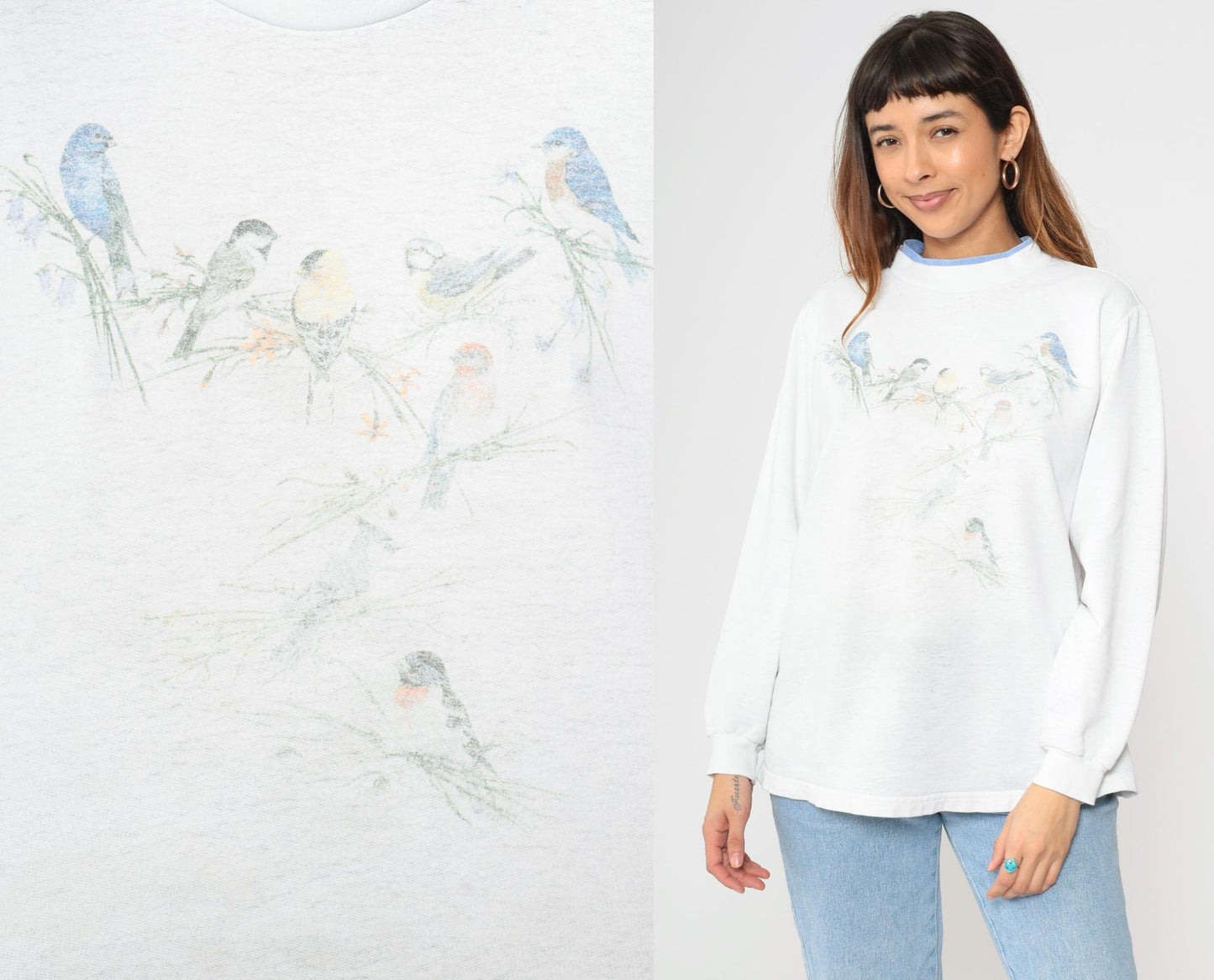 90s Bird Wildlife Sweatshirt White Graphic Double Collar Pullover Large L