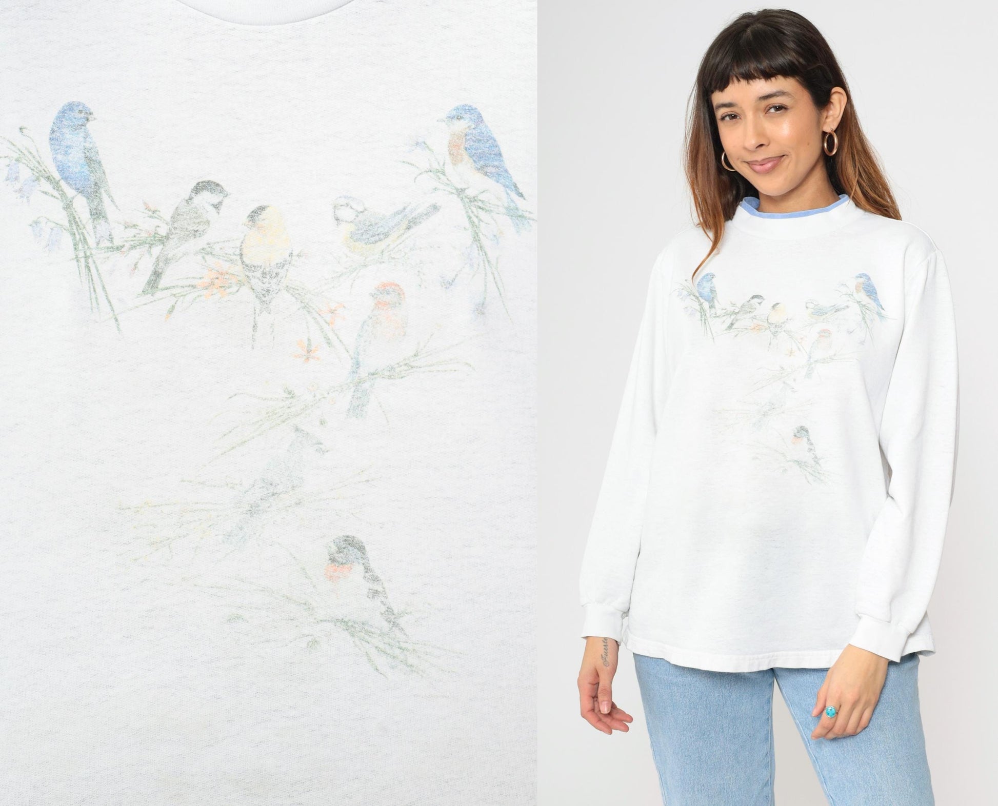 90s Bird Wildlife Sweatshirt White Graphic Double Collar Pullover Large L