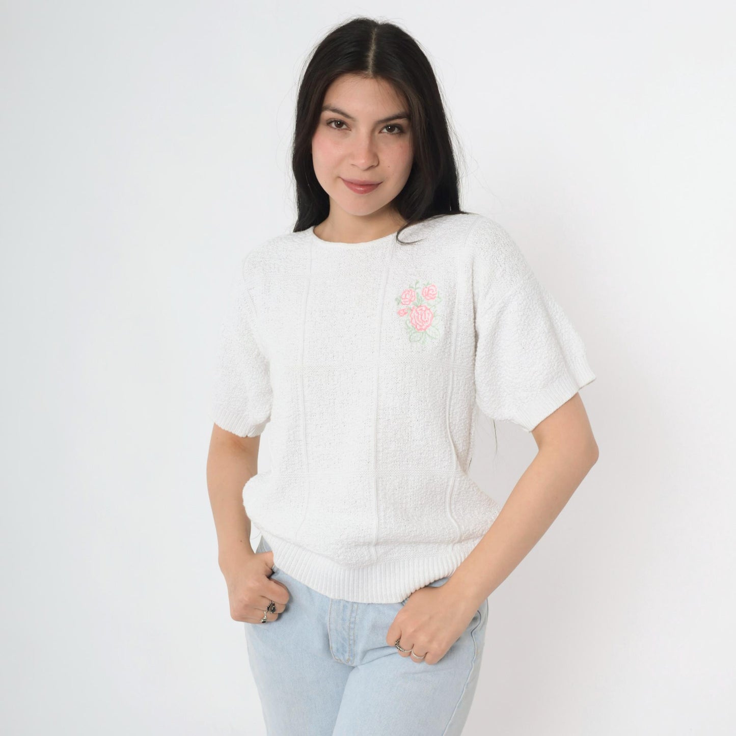 80s Lauren Knitwear Floral Embroidered Cotton Knit Top White Short Sleeve Small