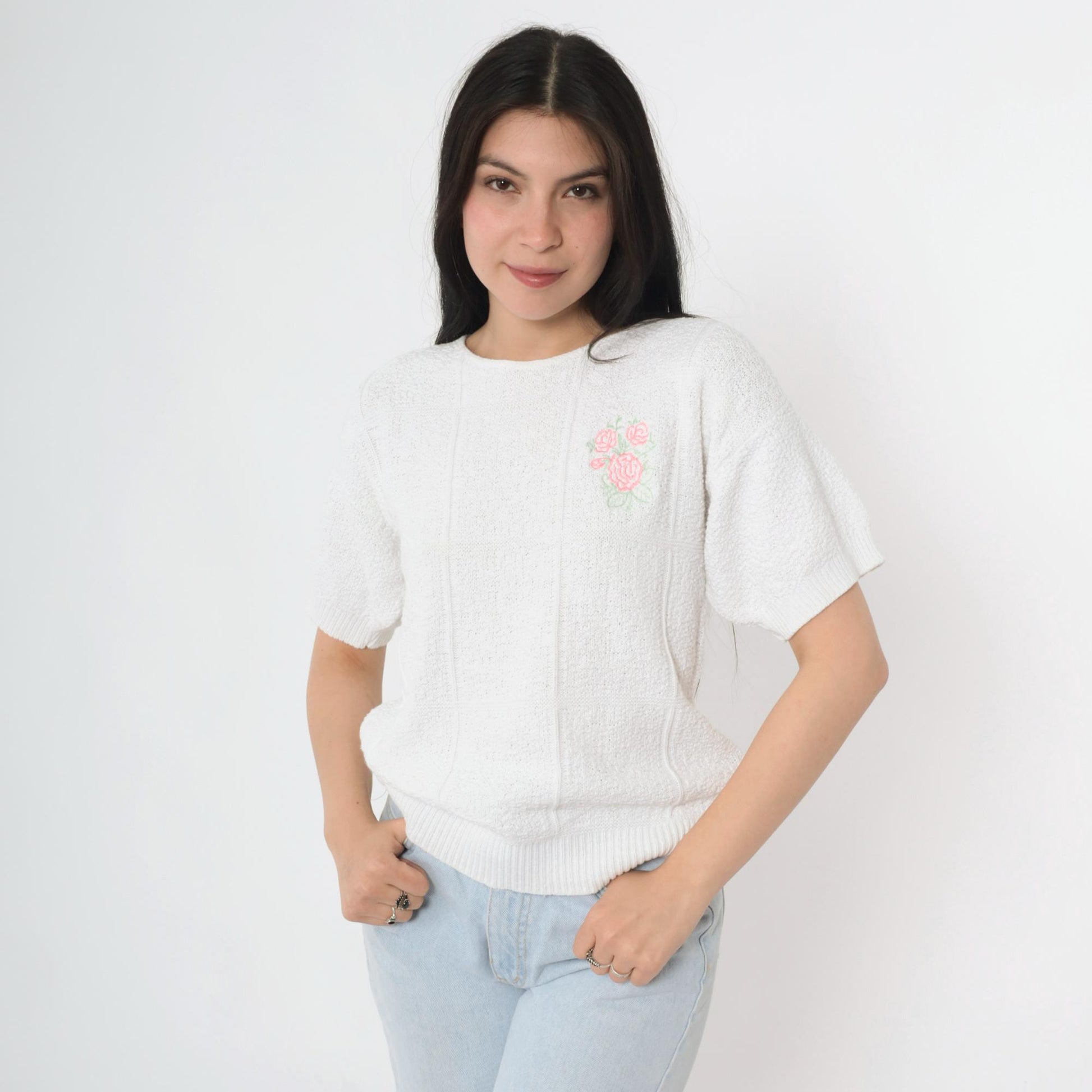 80s Lauren Knitwear Floral Embroidered Cotton Knit Top White Short Sleeve Small