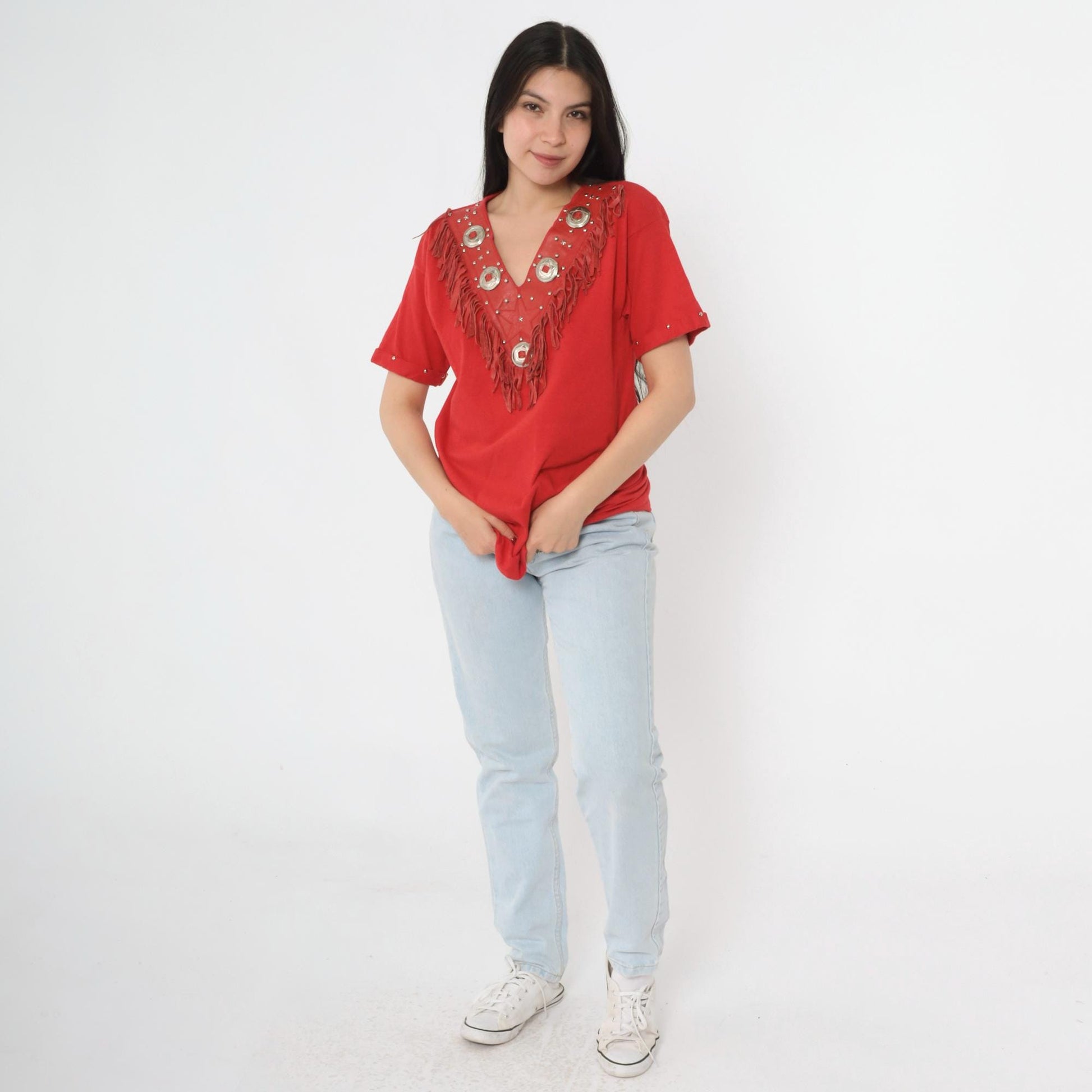 90s Pierre Pascal Red Leather Fringe Western T-Shirt Concho Stud V-Neck Medium