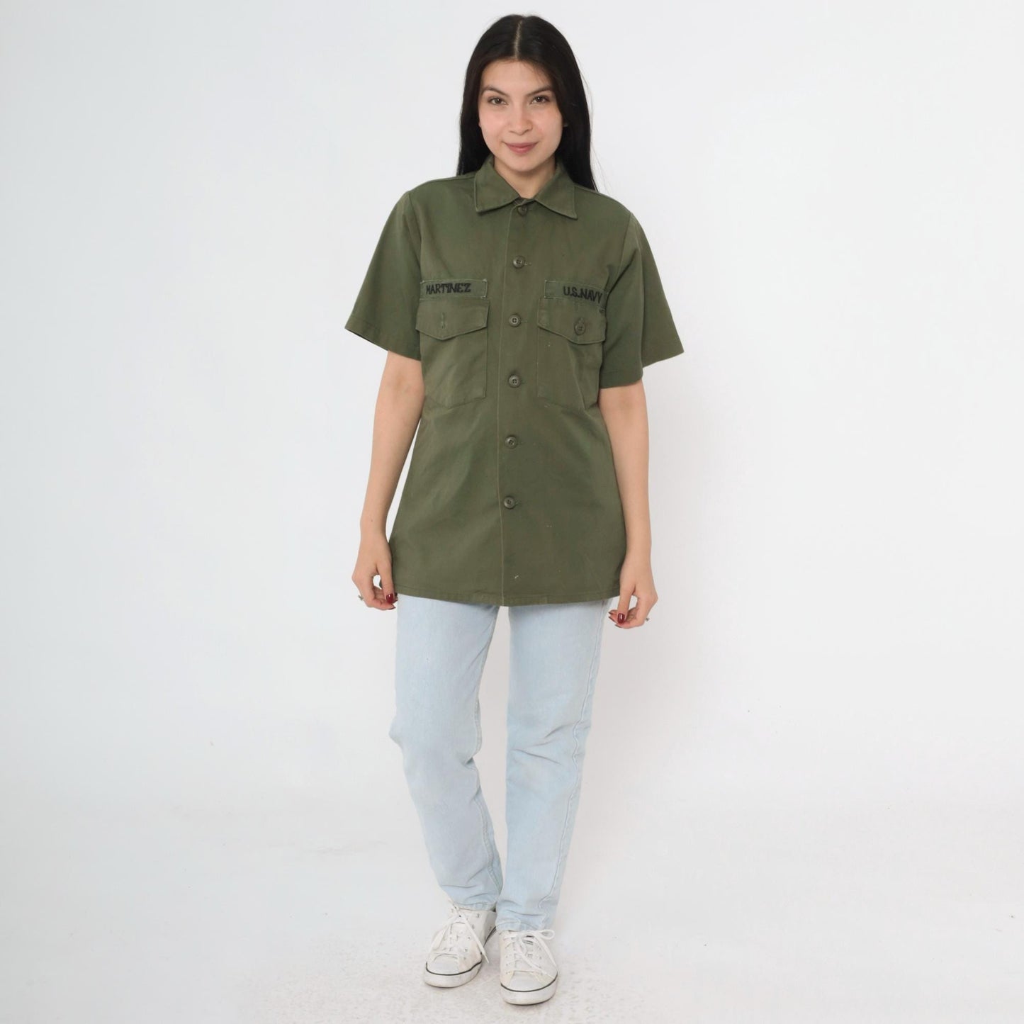 70s U.S. Navy Olive Green Cotton Twill Military Utility Shirt Small