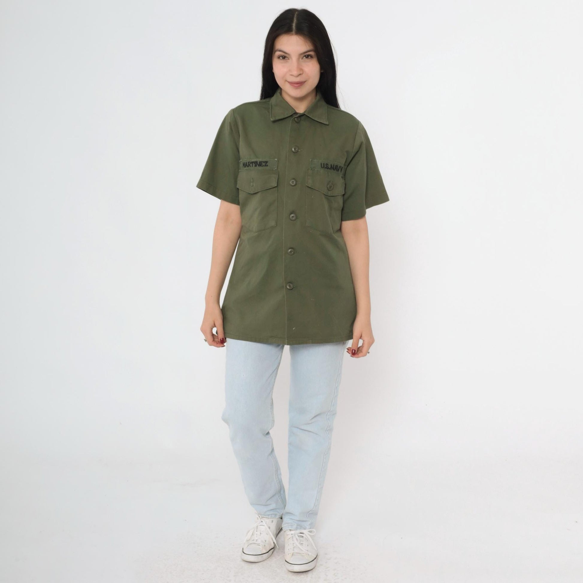 70s U.S. Navy Olive Green Cotton Twill Military Utility Shirt Small