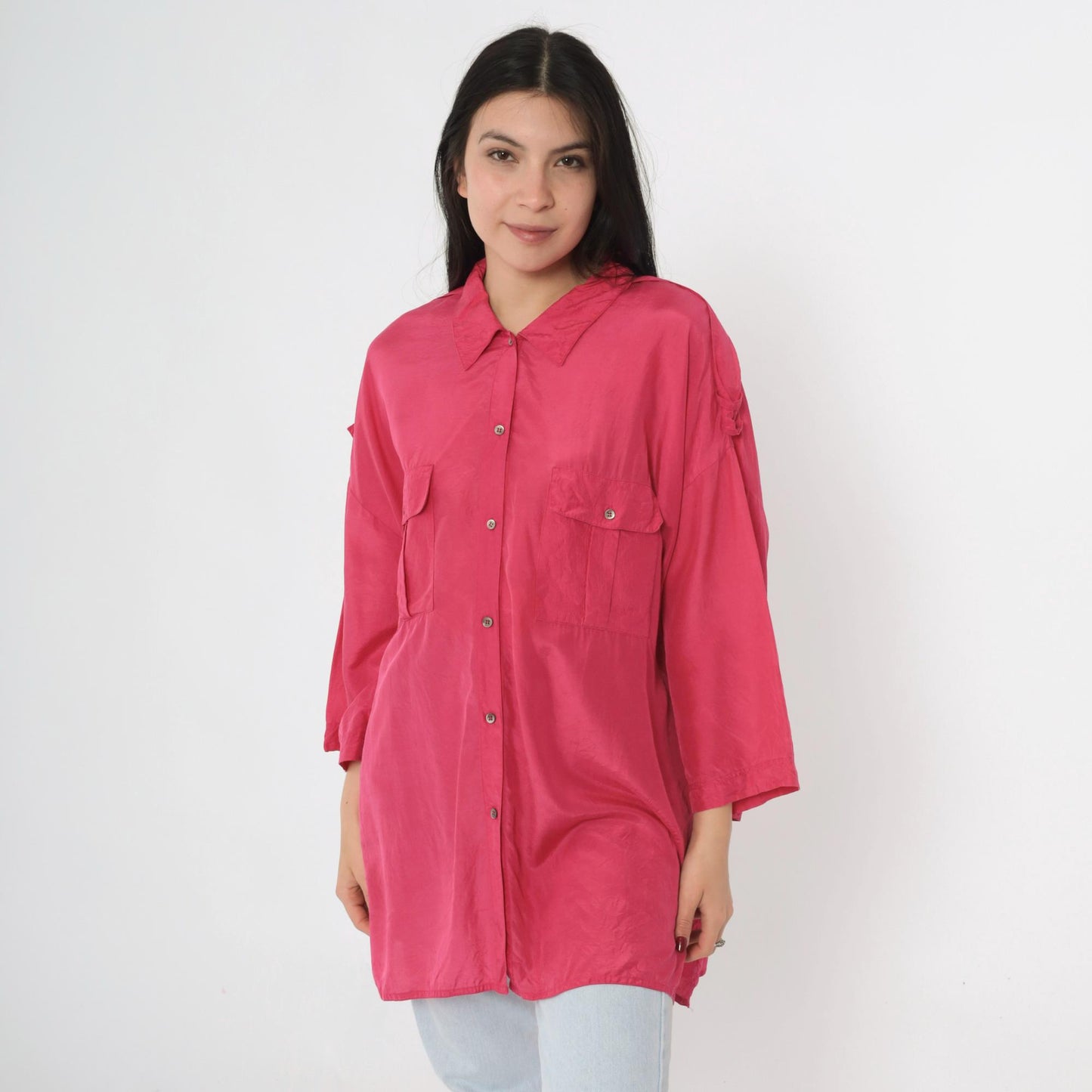 90s Pink Silk Button-Up Blouse Epaulet Chest Pockets Long Sleeve Large 14
