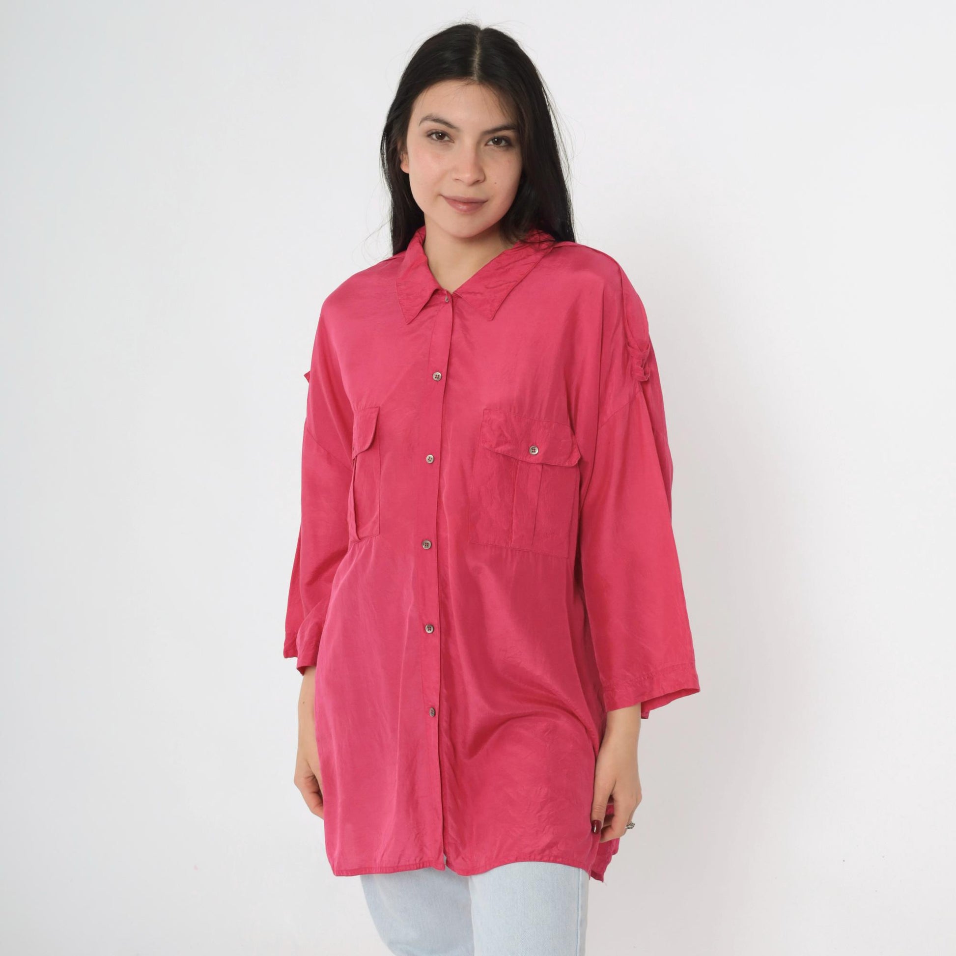 90s Pink Silk Button-Up Blouse Epaulet Chest Pockets Long Sleeve Large 14