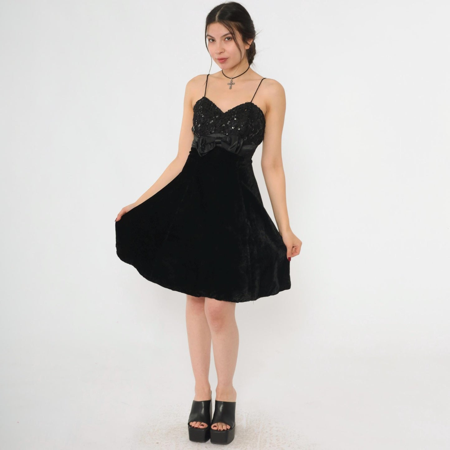 80s Black Velvet Lace Sequin Mini Dress Sweetheart Spaghetti Strap Empire Waist Extra Small