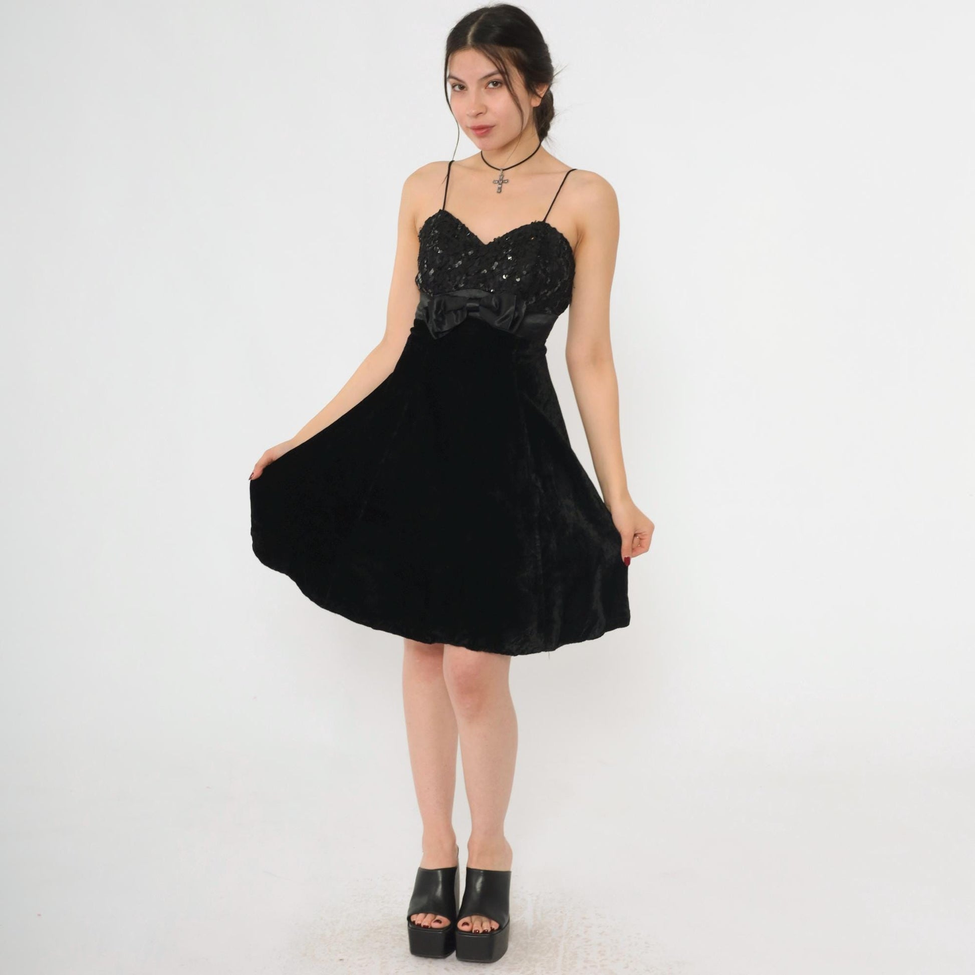 80s Black Velvet Lace Sequin Mini Dress Sweetheart Spaghetti Strap Empire Waist Extra Small
