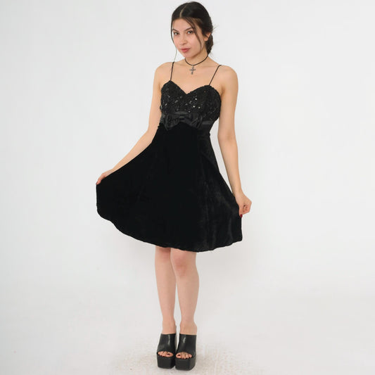 80s Black Velvet Lace Sequin Mini Dress Sweetheart Spaghetti Strap Empire Waist Extra Small