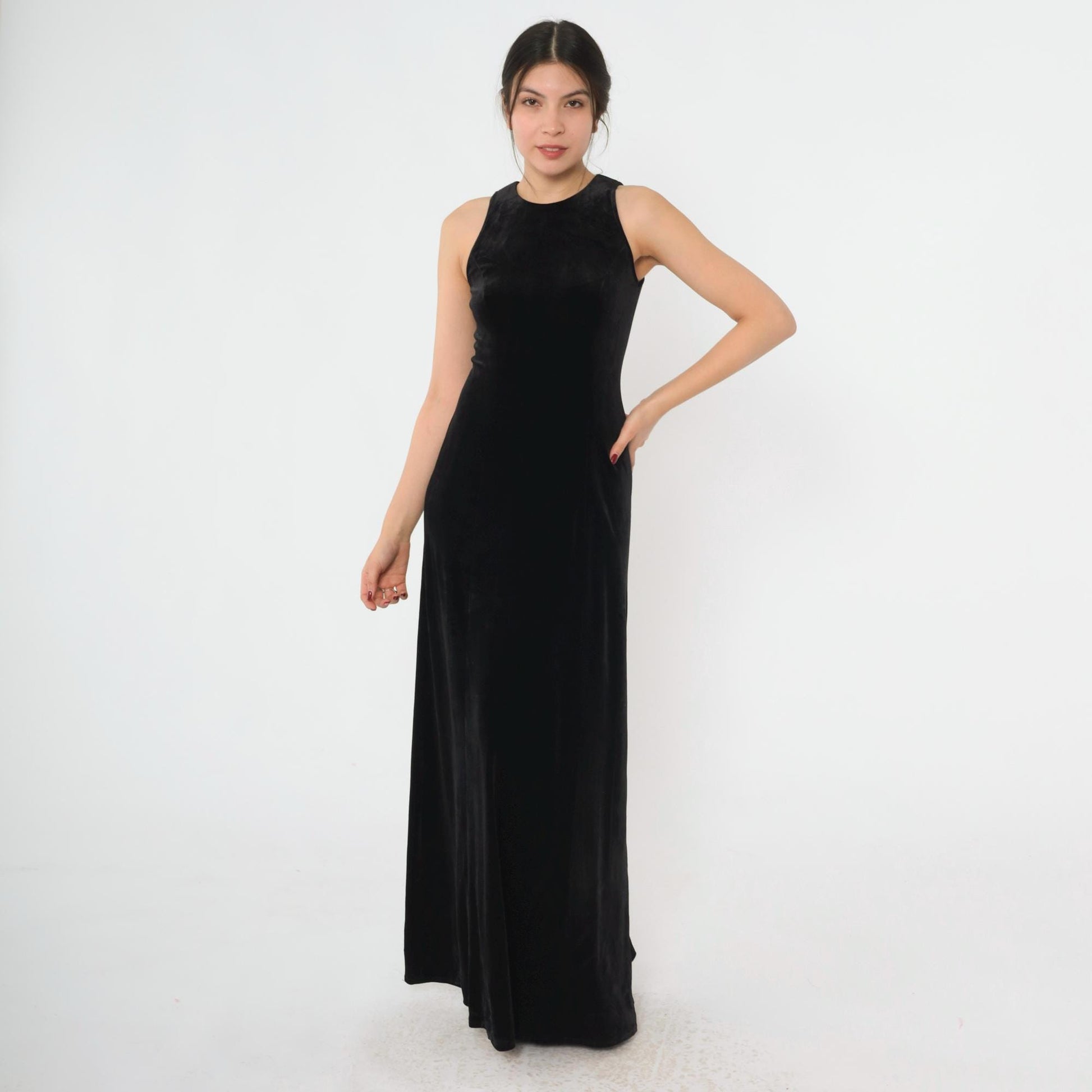 90s Papell Boutique Black Velvet Maxi Gown Rhinestone Back Sleeveless Small 4