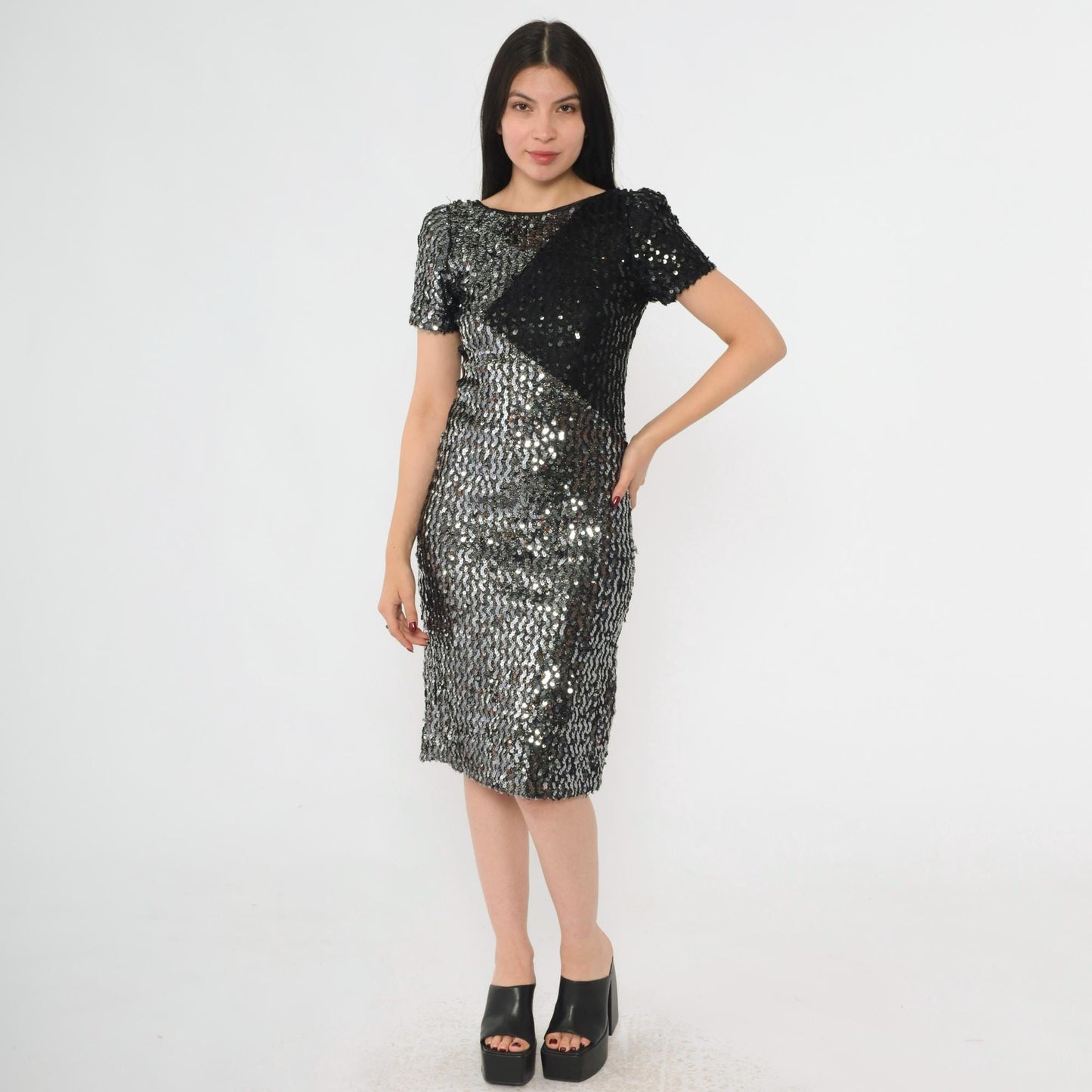 80s Silver Black Sequin Color Block Mini Dress Puff Sleeve Scoop Back Small