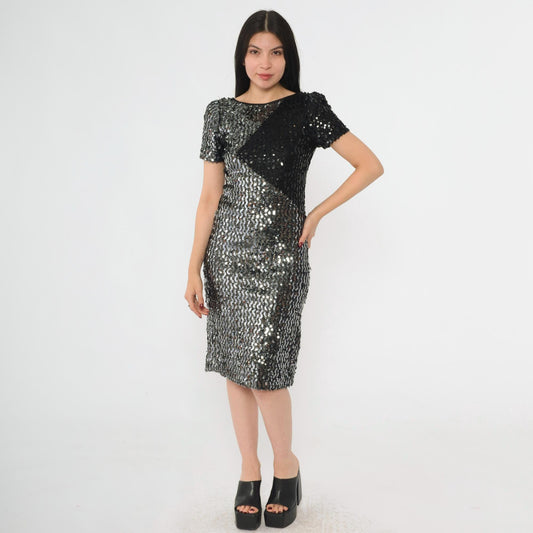 80s Silver Black Sequin Color Block Mini Dress Puff Sleeve Scoop Back Small