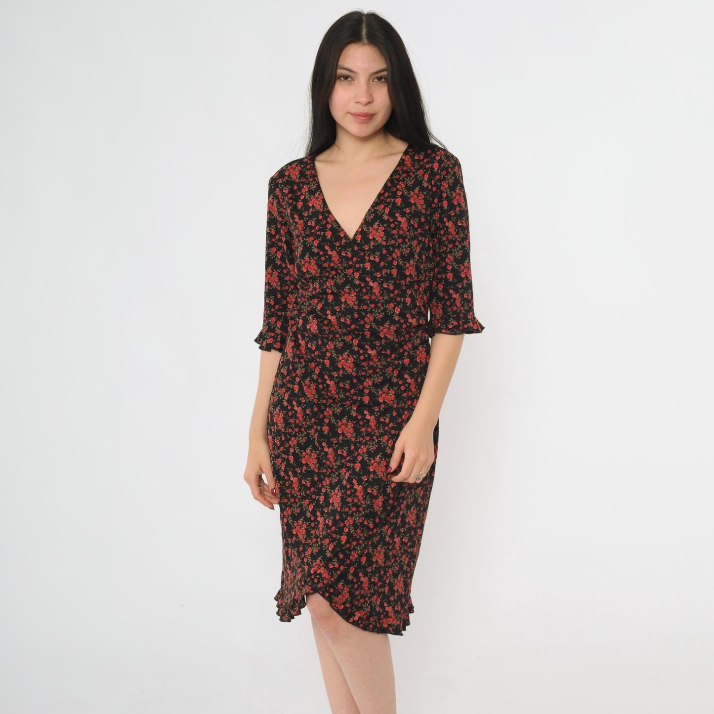 90s Connected Apparel Black Floral Midi Dress Rose Print V Neck Medium