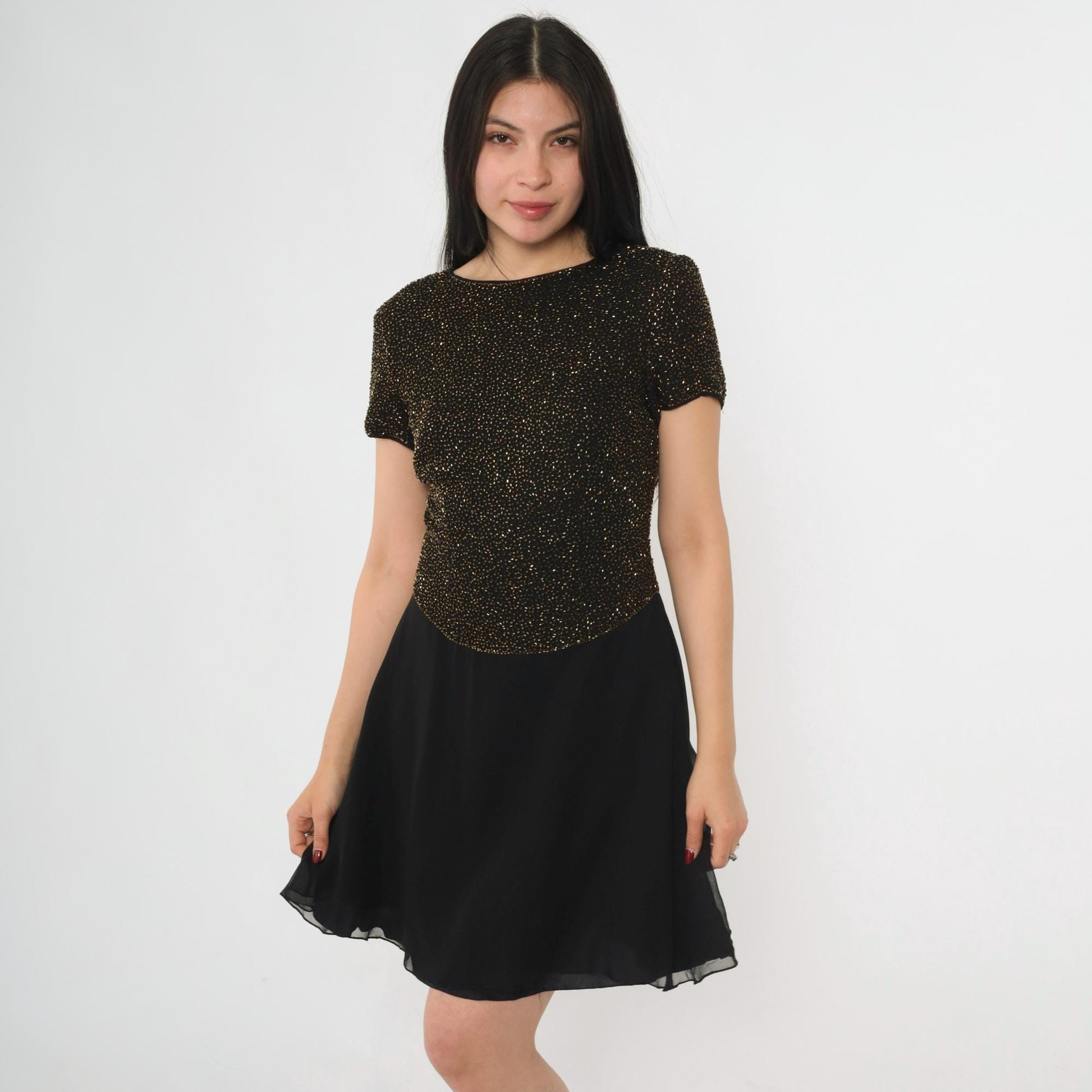 90s Cache Beaded Silk Chiffon Mini Dress Black Gold Fit Flare Small