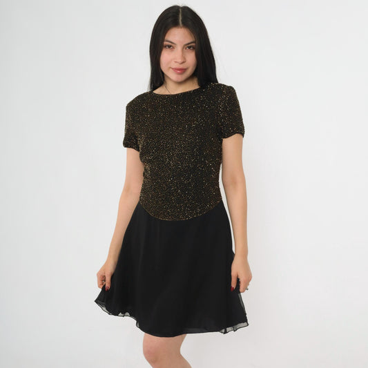 90s Cache Beaded Silk Chiffon Mini Dress Black Gold Fit Flare Small