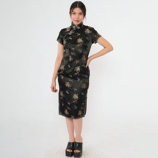 90s Black Silk Cheongsam Midi Dress Floral Embroidery Mandarin Collar Extra Small
