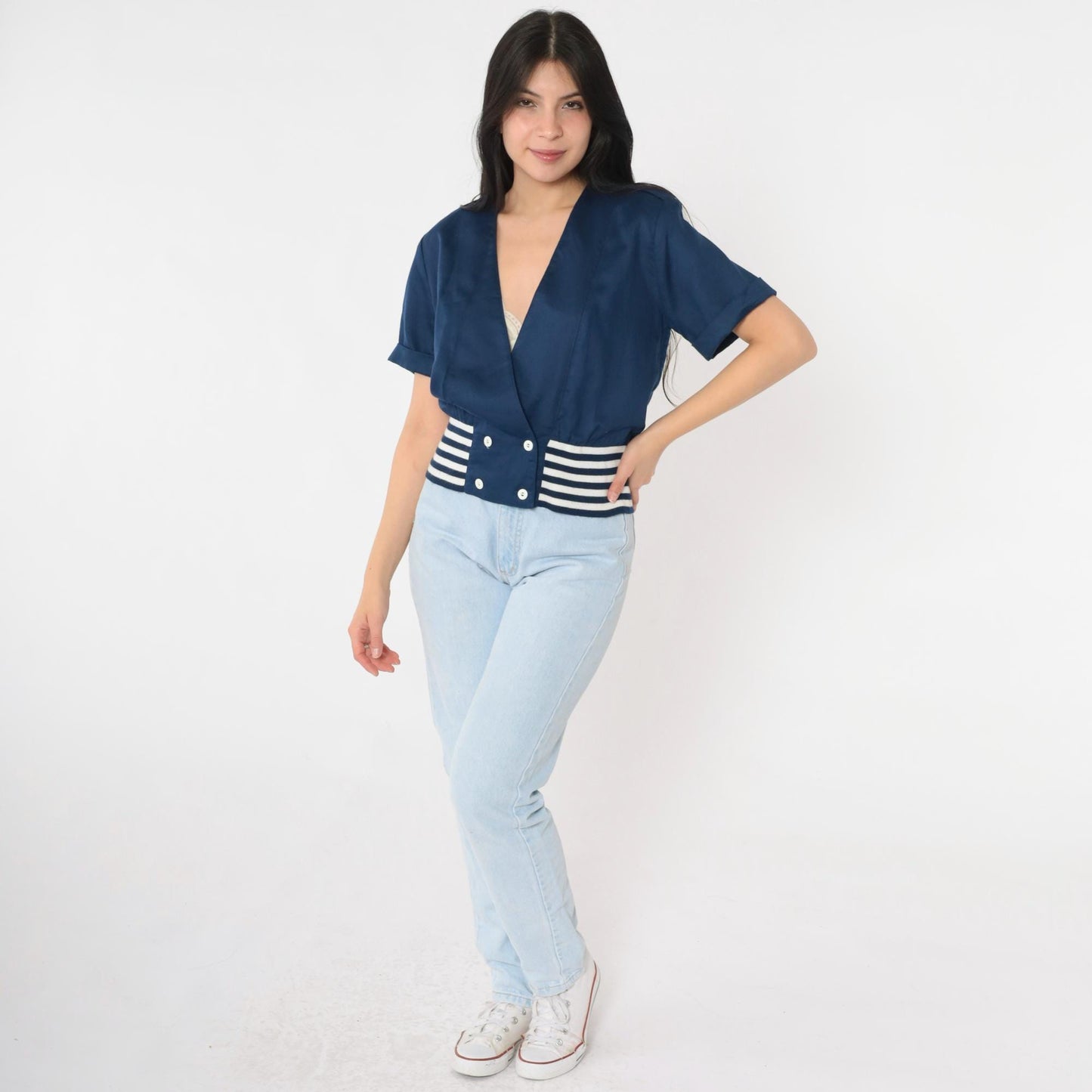 80s Lanz Nautical Striped Button-Up Blouse Deep V-Neck Dark Blue White Medium