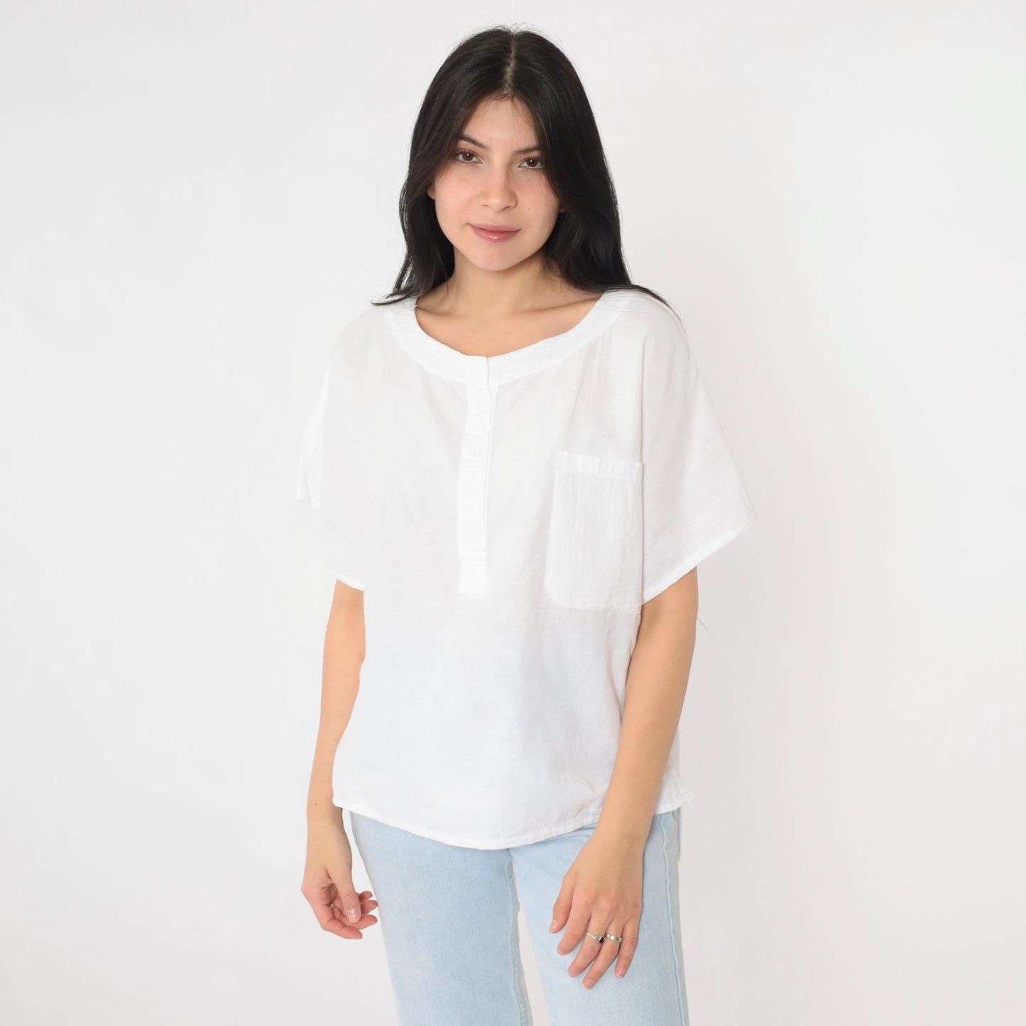 90s Coastal Clothing White Cotton Button-Up Blouse Short Sleeve Medium M