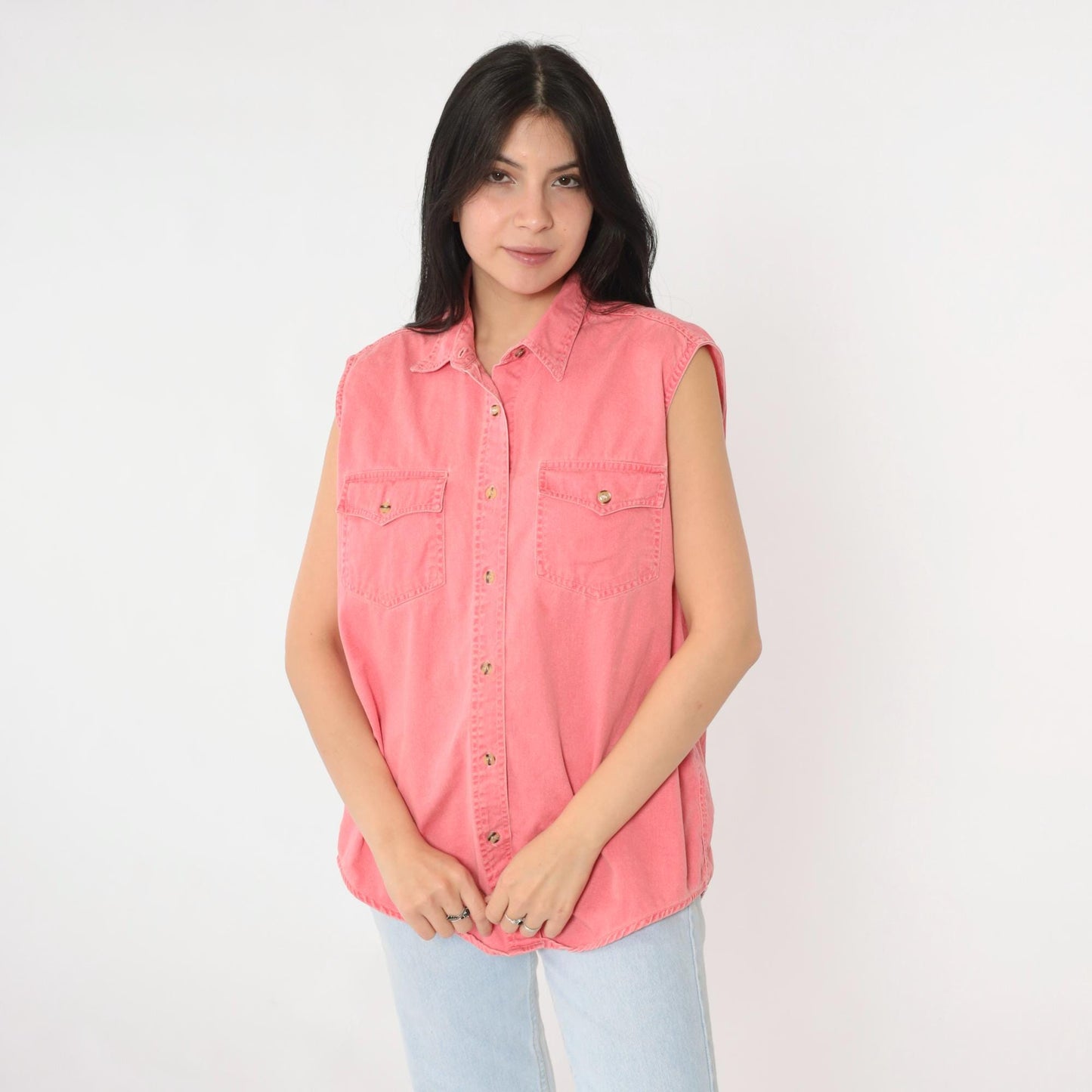 90s Pink Cotton Sleeveless Button-Up Blouse Chest Pockets Large L