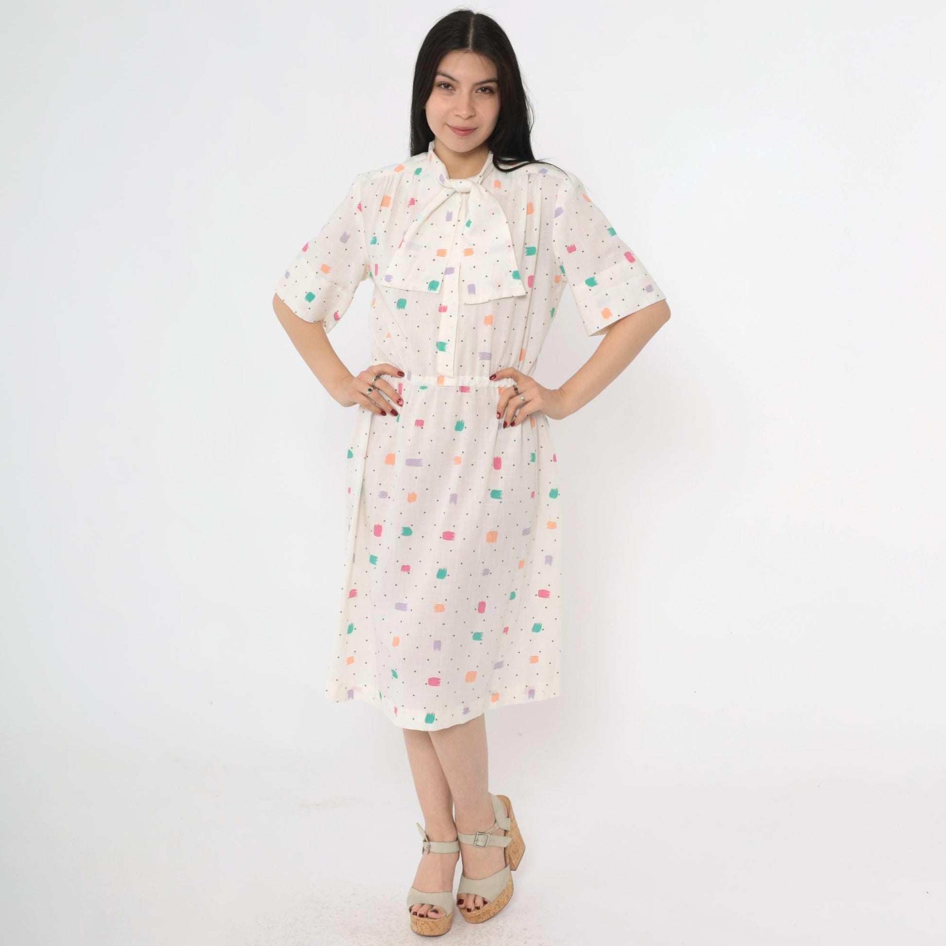 80s White Brushstroke Polka Dot Midi Shirtdress Ascot High Waist Large
