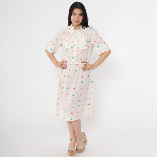 80s White Brushstroke Polka Dot Midi Shirtdress Ascot High Waist Large