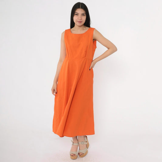 80s Orange Midi Dress Button Back A-Line Sleeveless Medium M
