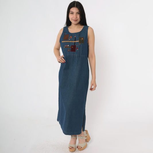 90s Blue Denim Dress Floral Embroidered Patchwork Sleeveless Ankle Length Medium