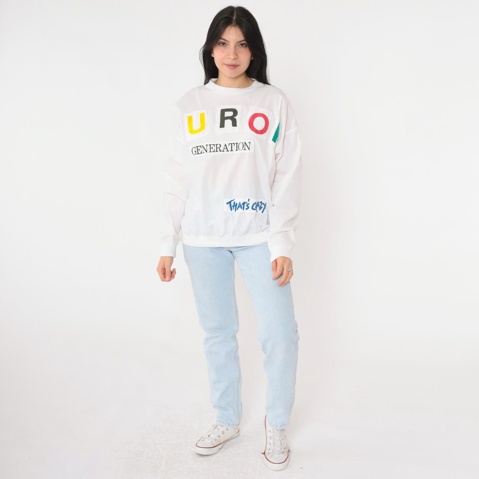 90s Furor Generation Graphic Long Sleeve Shirt White Colorful Appliqué Large L