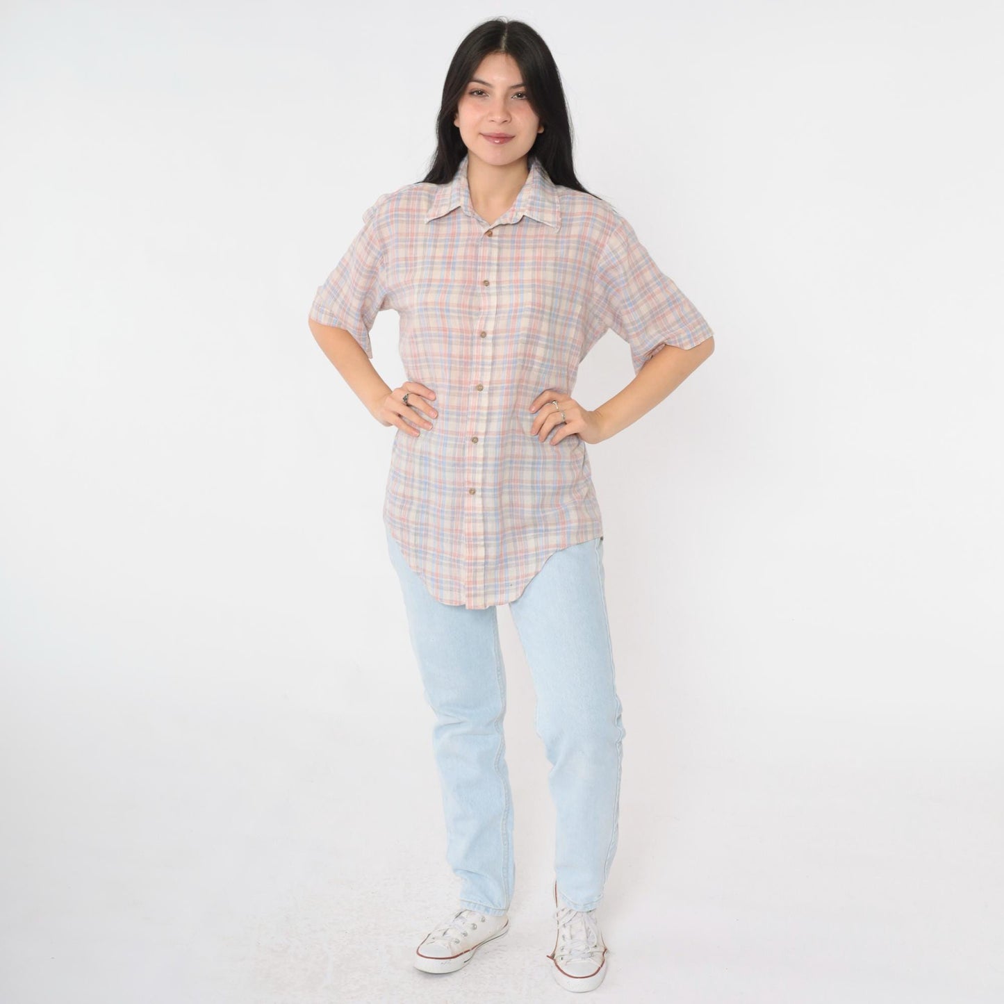 80s Cream Plaid Button-Up Shirt Pink Blue Checkered Short Sleeve Medium